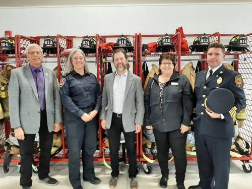 Mayor Ron Vandewal, Firefighter Leanne Briscoe, MP Scott Reid, CAO Louise Fragnito, and Interim Fire Chief Alex Bennett at the opening of Fire Station #8.